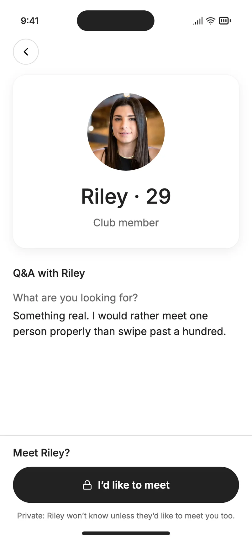 The club app: a member's profile, and I'd like to meet