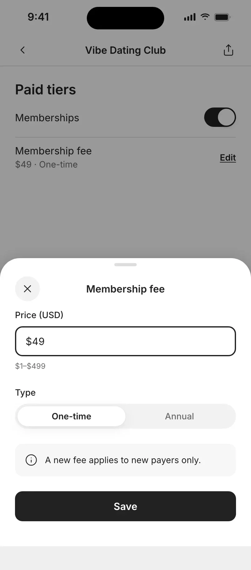 The membership fee in the host app